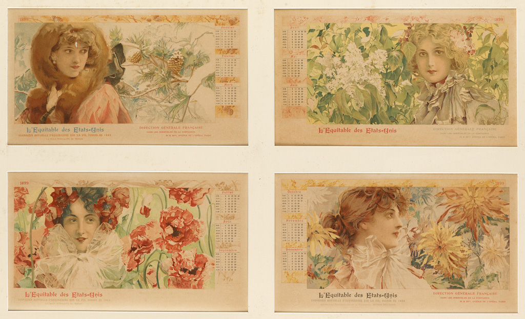 LUDEK MAROLD (1865-1898). LEQUITABLE DES ETATS - UNIS. Group of 4 calendar sheets. 1899. Each 8x13 inches, 20x34 cm. [Lemercier, Paris